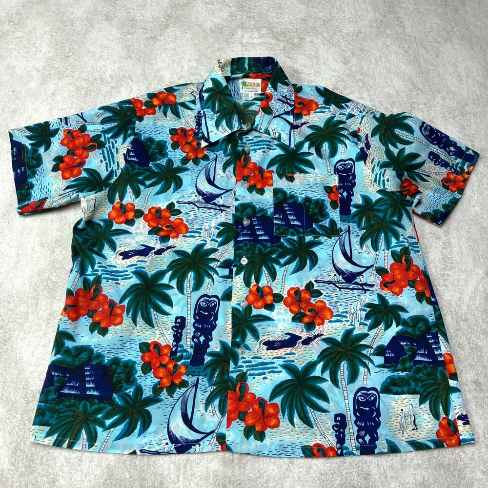 True Vintage 70s Waikiki 76 Hawaiian Loop Collar Shirt Tiki Tree AOP Men XL